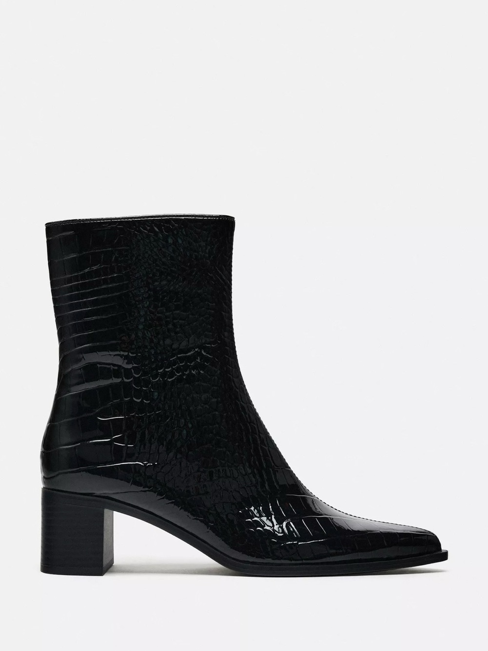 Black Croc-Embossed Block Heel Ankle Boots